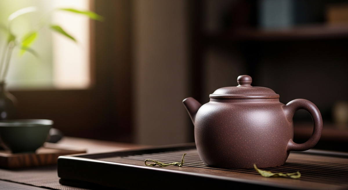 Một chiếc ấm tử sa màu nâu tím mộc mạc đặt trên khay trà gỗ truyền thống.