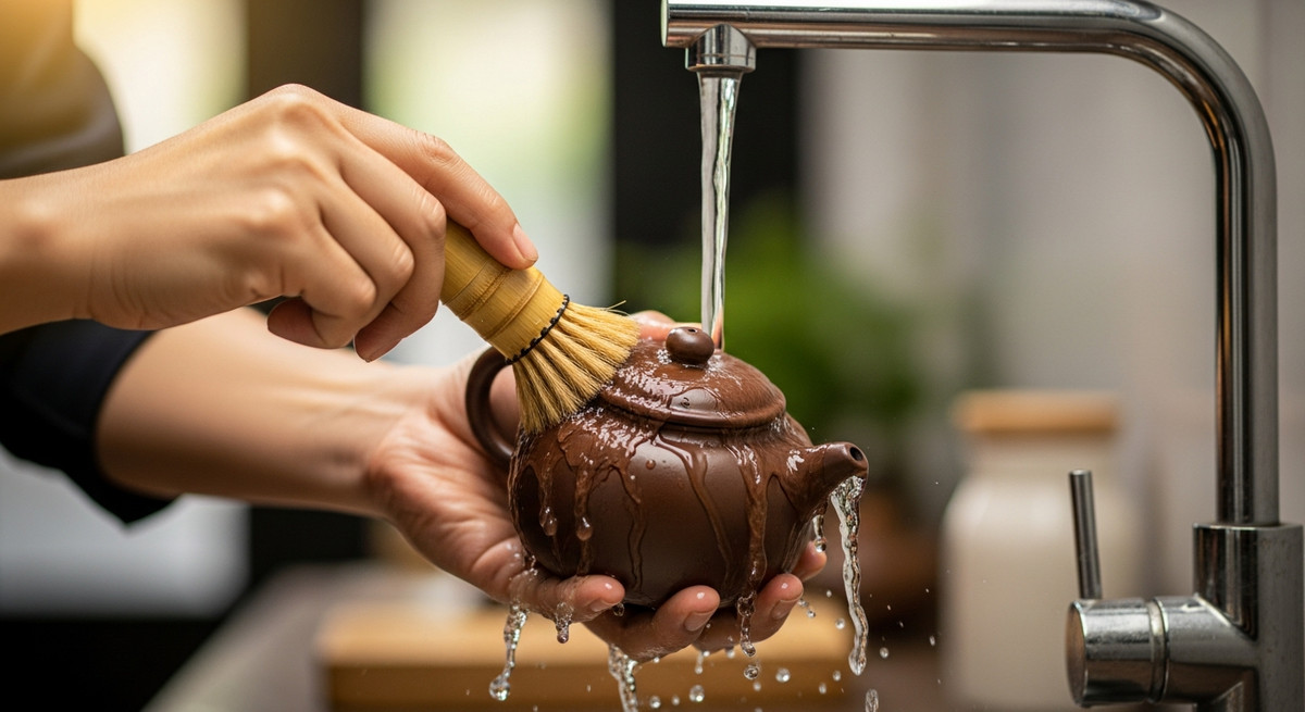 Một người đang dùng chổi xơ tre mềm cọ rửa nhẹ nhàng chiếc ấm Tử Sa dưới vòi