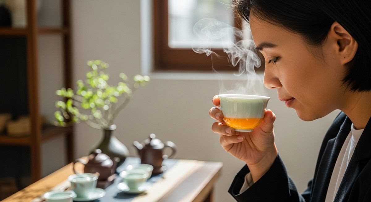 Người thưởng trà đang đưa chén trà nóng lên mũi để ngửi hương thơm thanh khiết.