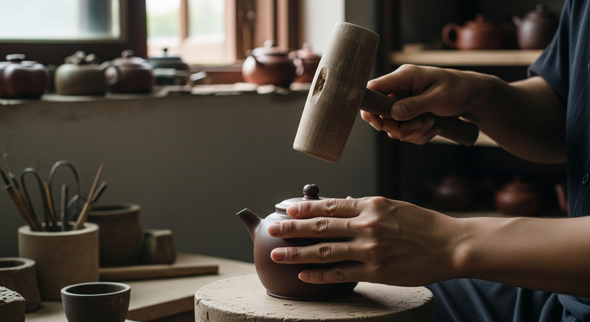 Đôi bàn tay nghệ nhân đang dùng vồ gỗ đập nặn tạo hình thân ấm tử sa thủ