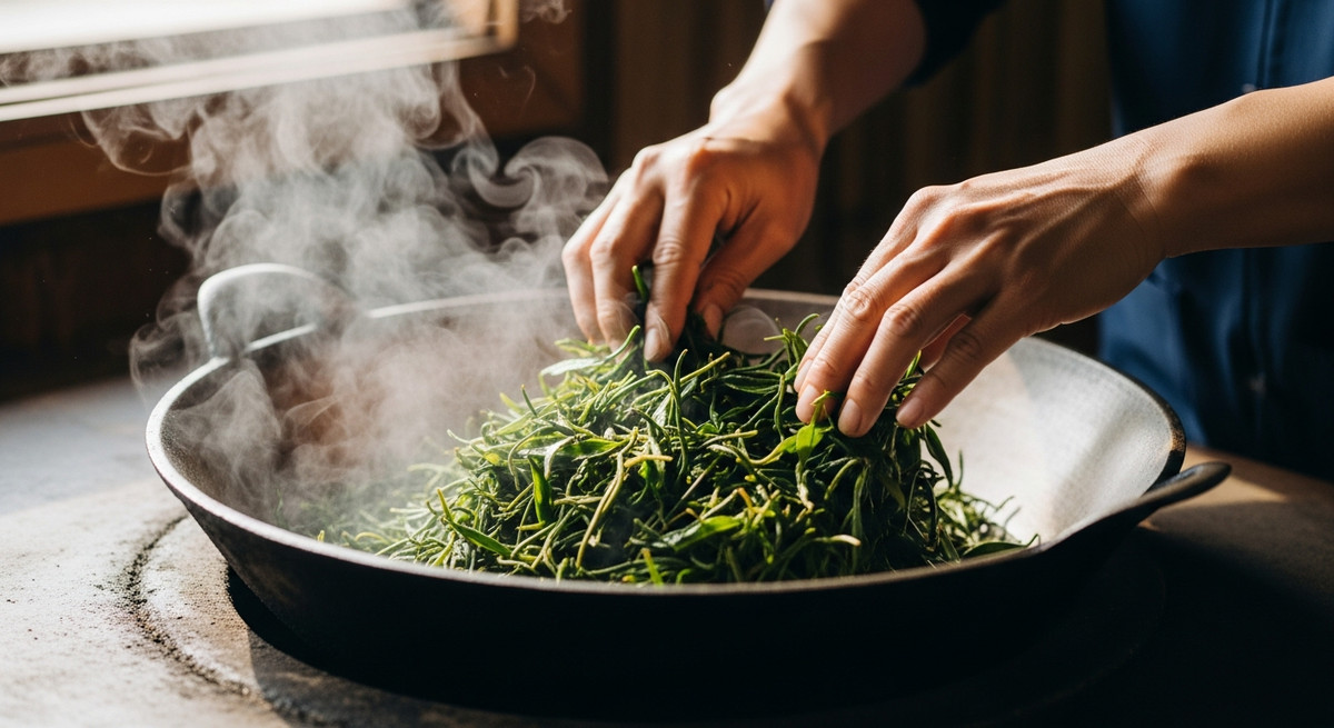 Đôi bàn tay nghệ nhân đang tỉ mỉ sao trà thủ công trên chảo gang nóng rực.