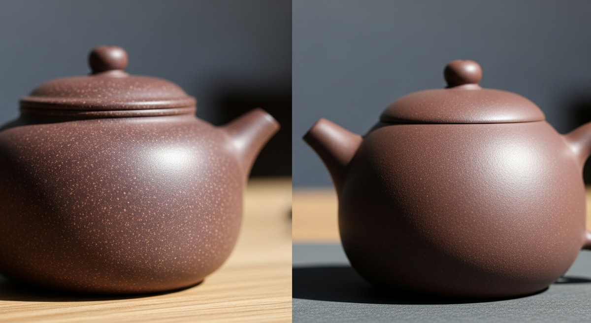 So sánh cận cảnh bề mặt ấm tử sa thật có hạt sa li ti và ấm giả