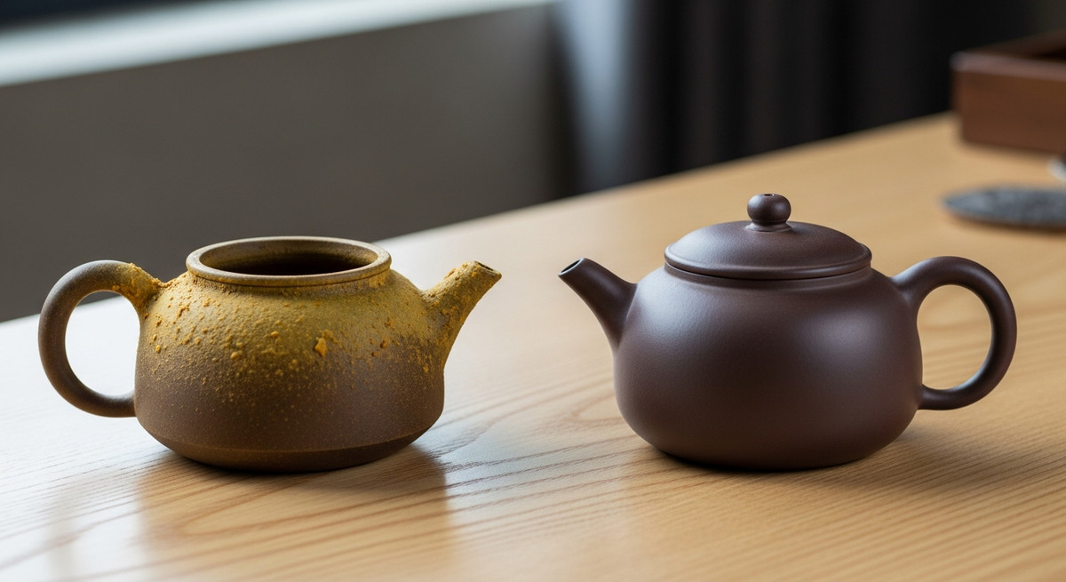 So sánh hai chiếc ấm Tử Sa: một chiếc bị ố vàng cặn trà và một chiếc sạch